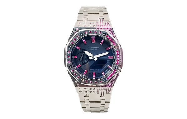 Кастомные часы Casio G-Shock Розовая Радуга Стальная Душа, стальные, вид сбоку. CasiOAK Custom, кастомные часы Casio ручна...